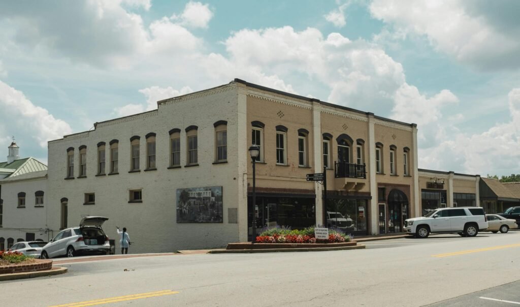 Charming historic building on a sunny day in downtown Buford, Georgia.